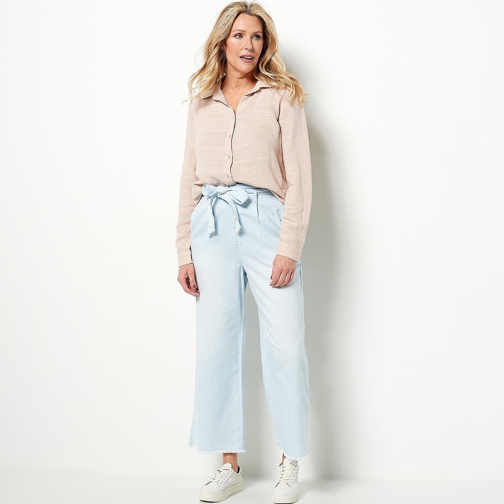 Side Stitch Soft-Textured Slub Stripe Button-Down Top (Soft Tan, Petite 2X)